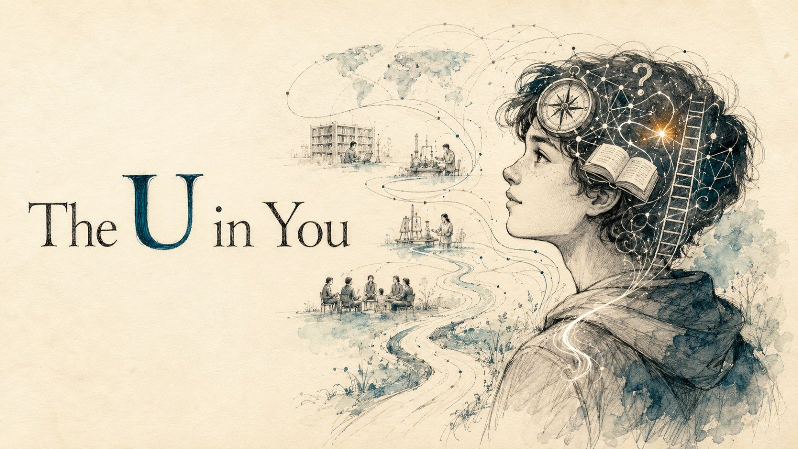 'The U in You' — illustration of a young student in profile, with a compass, open book, ladder and constellation of ideas woven through their hair, linked by winding paths to scenes of research, art and mentorship.