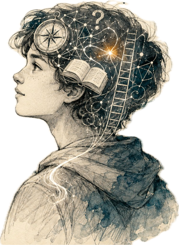 Illustration of a young student in profile, with a compass, open book, ladder and constellation of ideas woven through their hair — symbolising direction, curiosity, knowledge and growth.